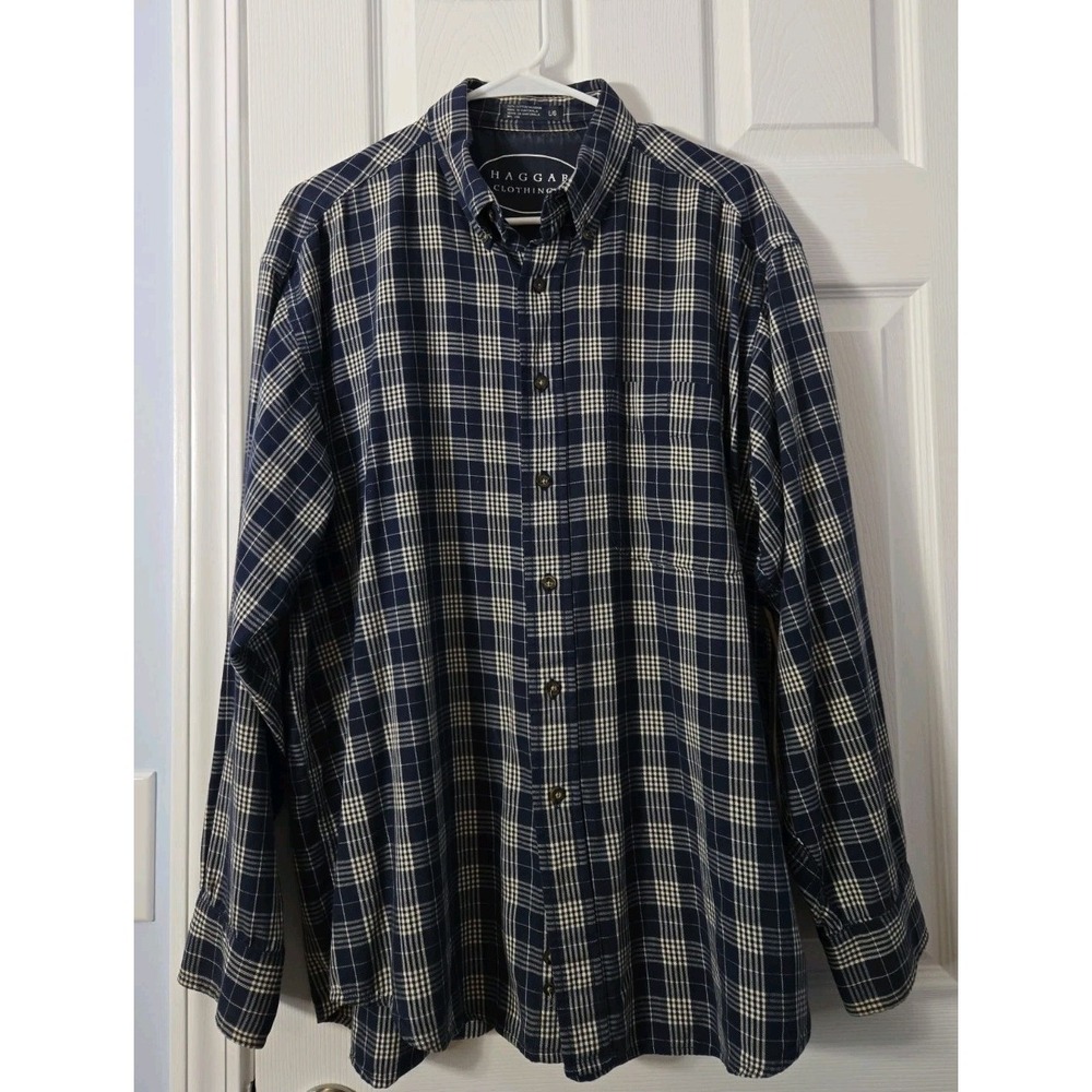 HAGGAR Clothing Mens Button Down Shirt Size Large Blue Plaid Long Sleeve
